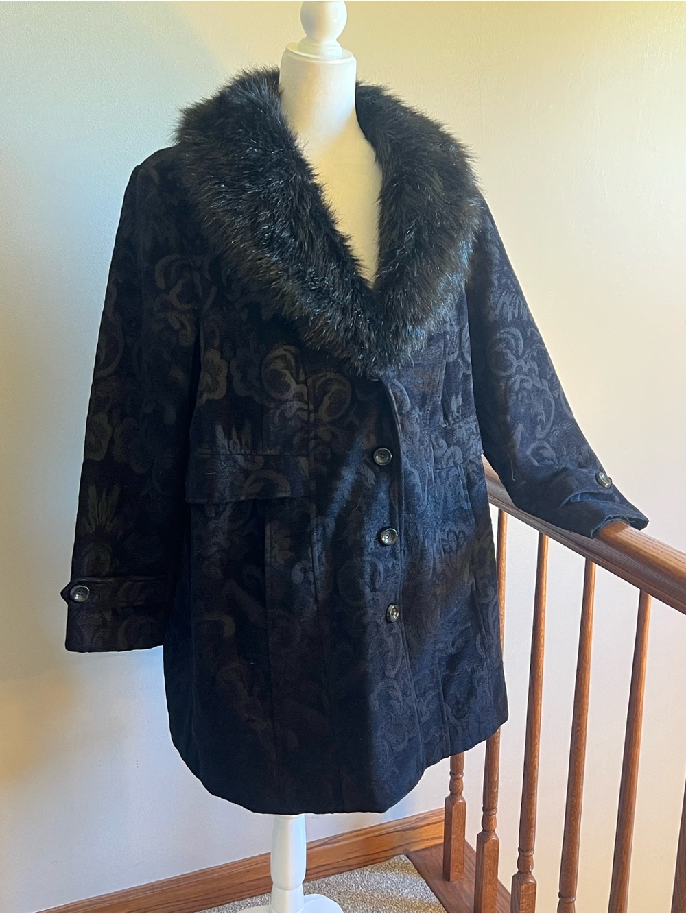 Dress Barn Black Faux Fur-Trimmed Jacquard Pea Coat Womens 14/16 plus size